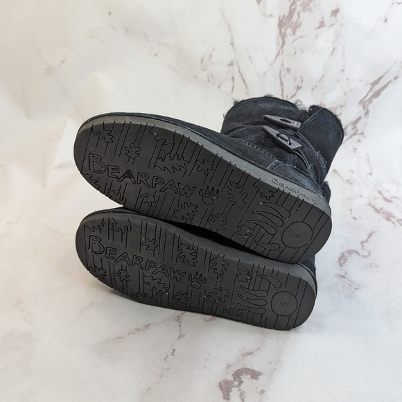Bearpaw Boot Women US 6 EU 37 Black Shearling Fur Sheepskin Toggle Calf - Picture 6 of 12